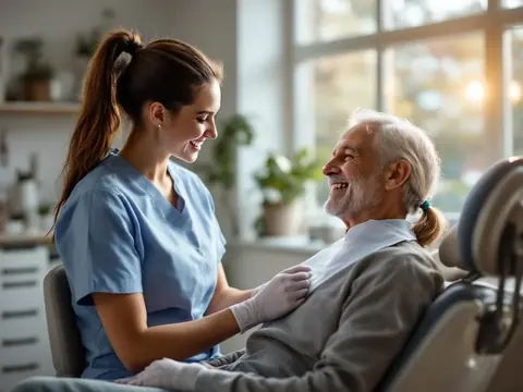 Dentist smiling with a patient in a bright modern dental office