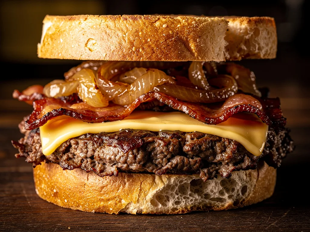 The Bacon Melt — smash patty on toasted sourdough with candied bacon, caramelized onions and melted Swiss-Gruyere blend