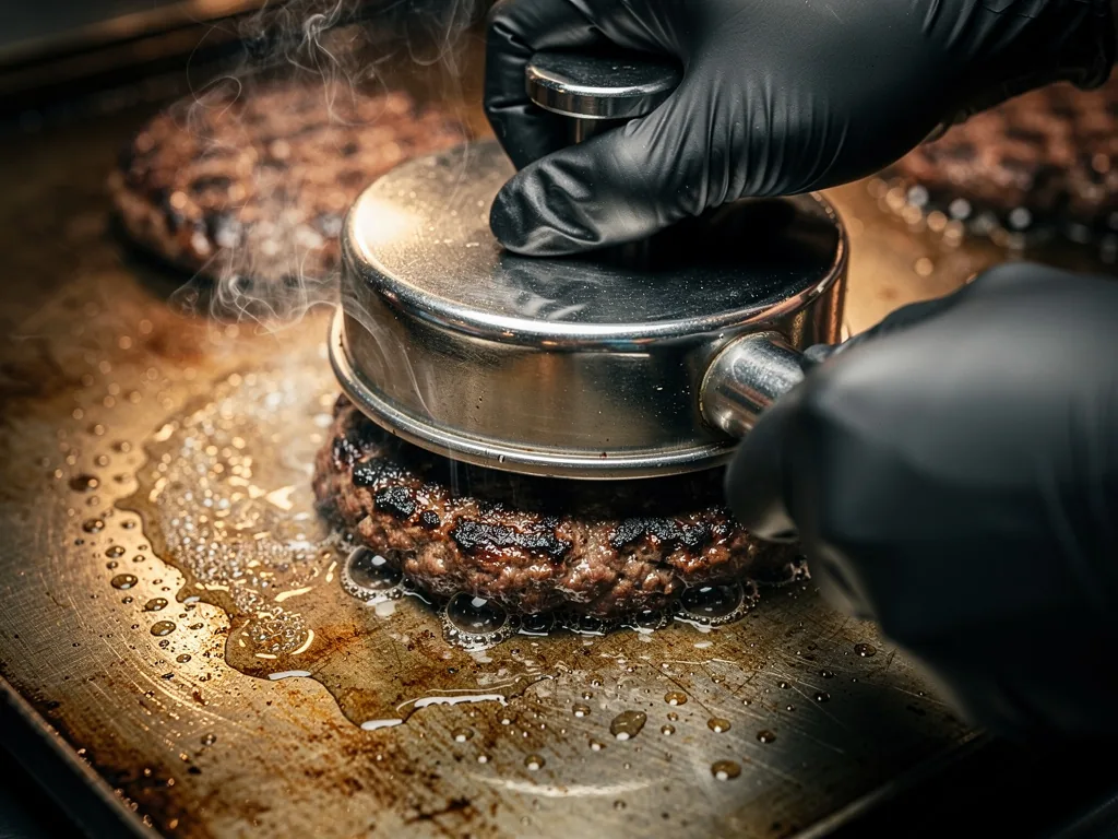 Black-gloved hands pressing a chrome burger press onto a sizzling patty on a flat iron griddle, steam rising