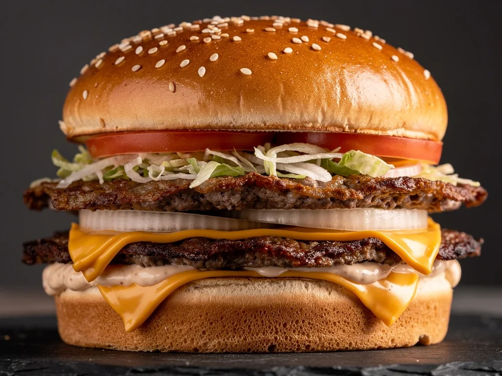 Flat Iron smash burger close-up showing crispy patties, melted cheese, and sesame bun